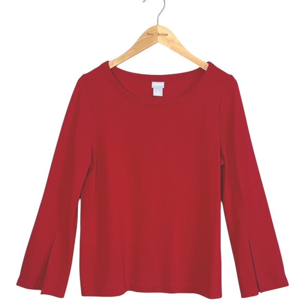 CHICO'S Size 1‎ US Medium Red Ponte Knit Long Split Boho Sleeve Scoop Neck Top